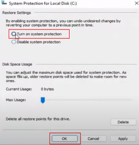 Turn on system protection and then ok