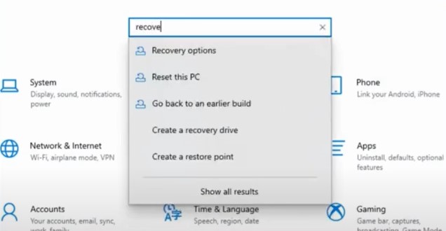 Recovery Options from the search bar