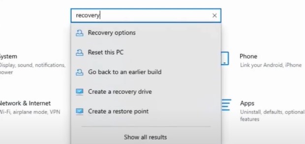 click on the Recovery Options