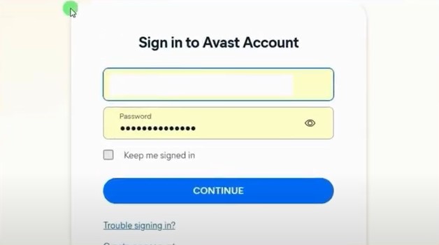 Avast sign-in page