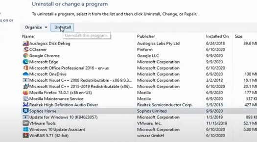 Sophos Home and click Uninstall