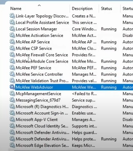 steps to disable all the McAfee services