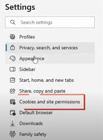 Click on Cookies and Site Permissions