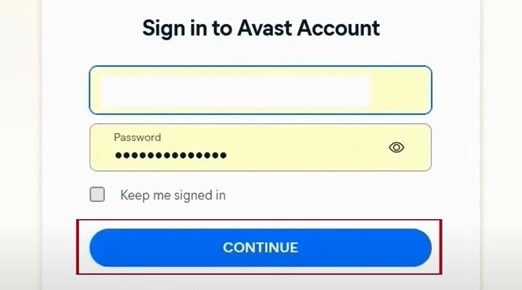 Avast sign-in page