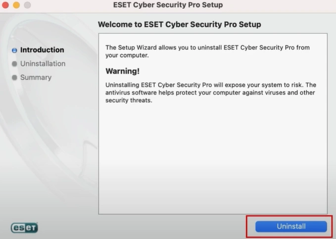 Click Uninstall in the ESET Cyber Security