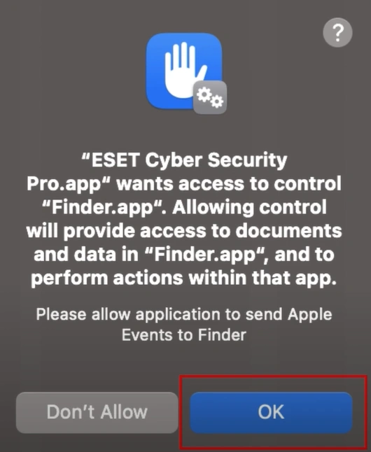 Click OK to allow ESET Cyber Security