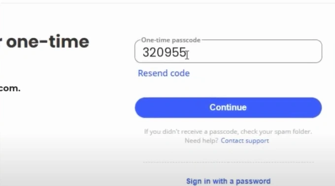 one-time passcode you’ve received and click Continue