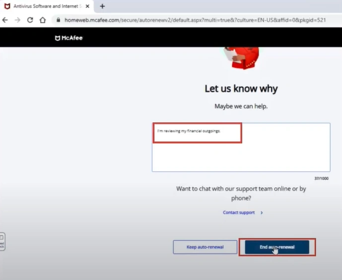 reason and click End Auto-Renewal