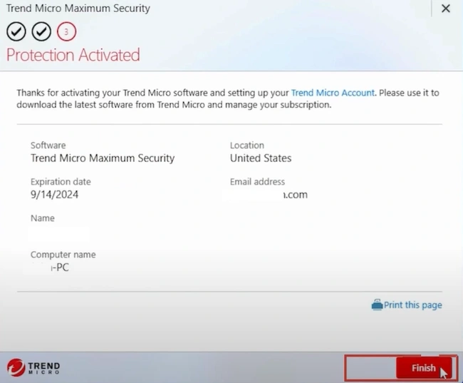 Click Finish in the Protection Activated screen