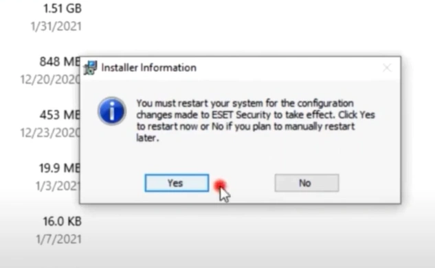 click Yes to restart the computer