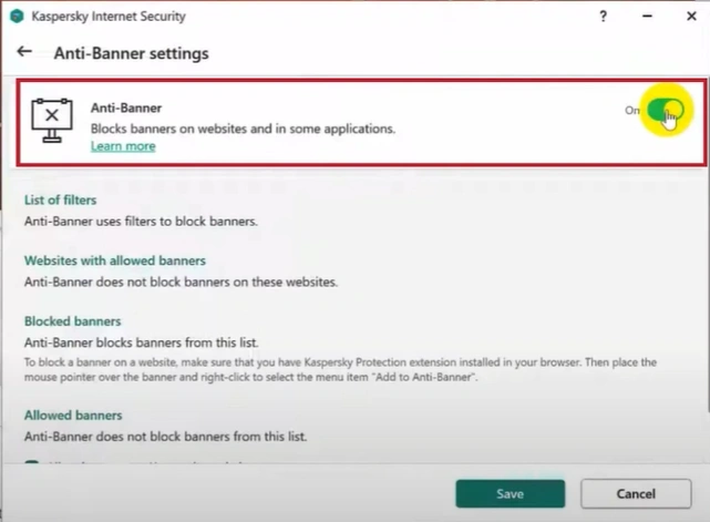 click on the toggle to disable Kaspersky Ad Blocker