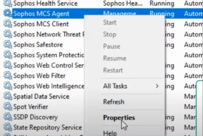 Sophos MCS Agent and select Properties