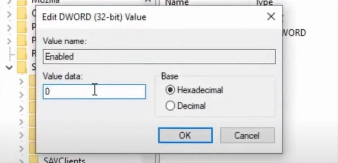 set the Value Data to 0 and press OK