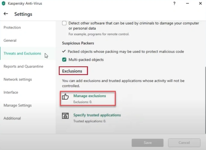 Click Manage Exclusions under Exclusion