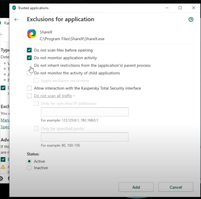 Select all the options to exclude Kaspersky