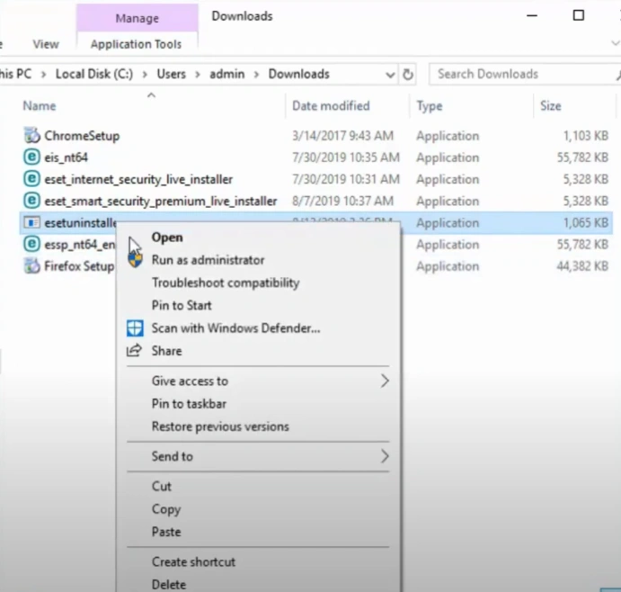 ESET Uninstaller file and select Copy