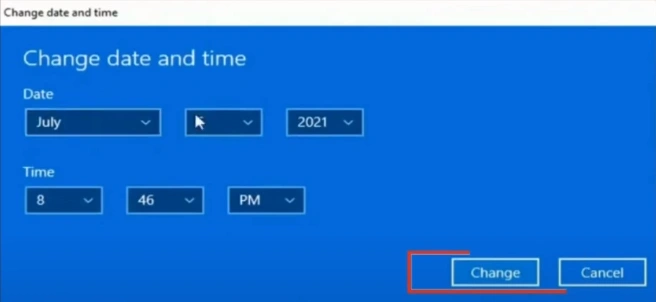 In the Change date and time window