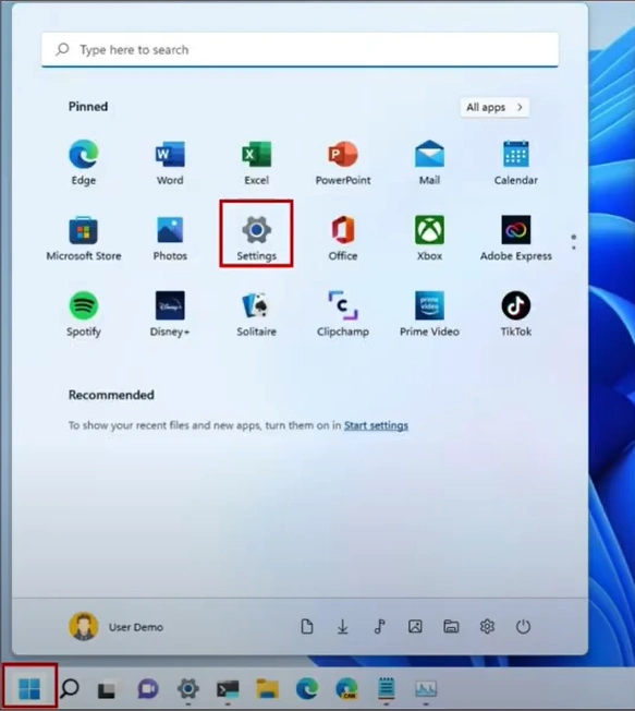 Click on the Windows start button