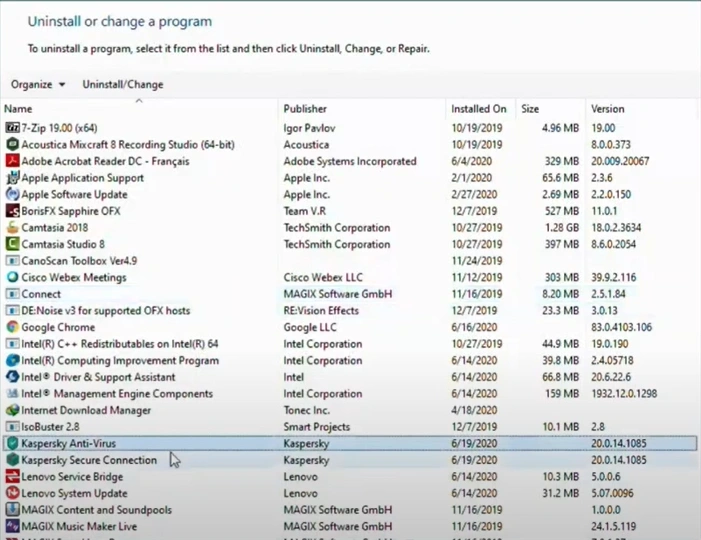 Locate Kaspersky, right-click on it
