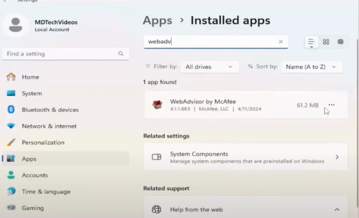 next to WebAdvisor and select Uninstall