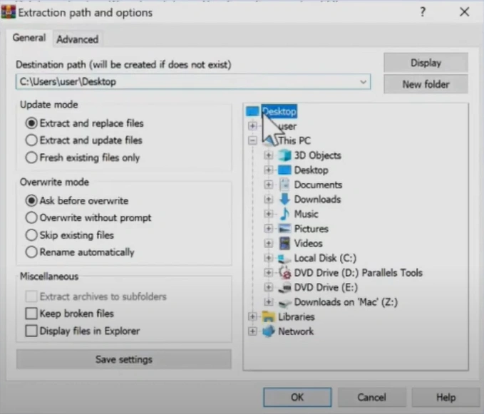 Select the file destination