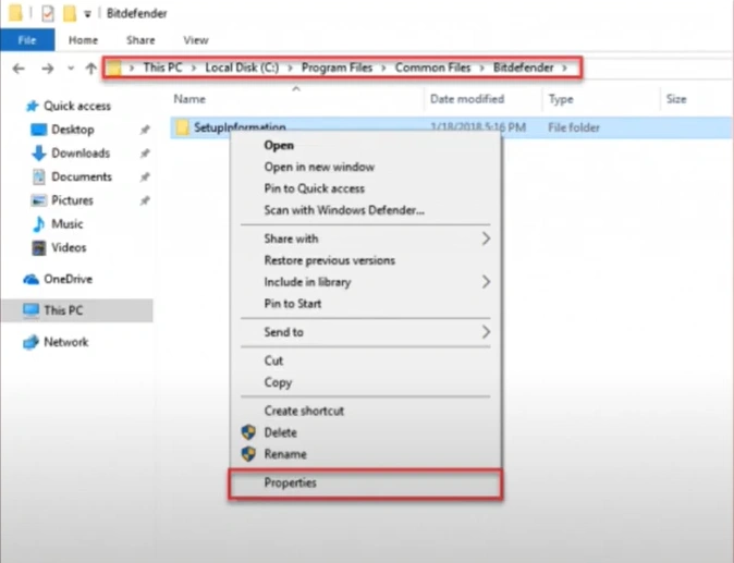 Setup Information folder and select Properties