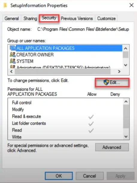 Go to the Security tab and click Edit