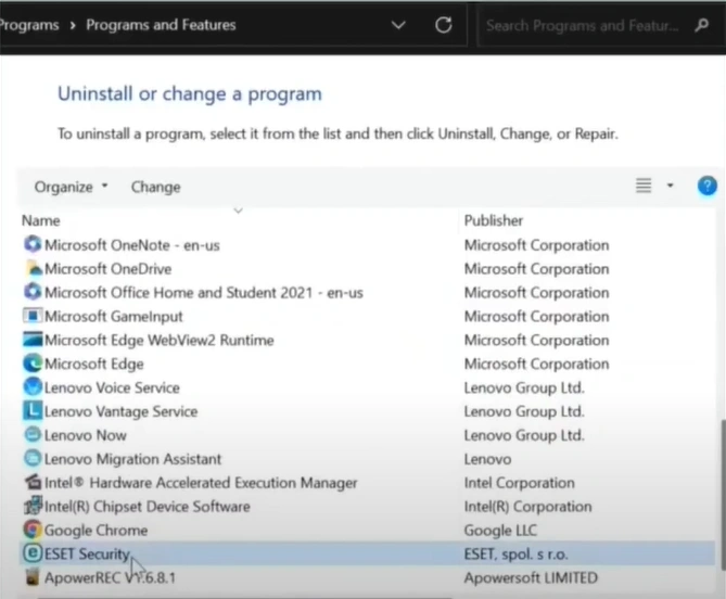 Scroll and locate ESET security