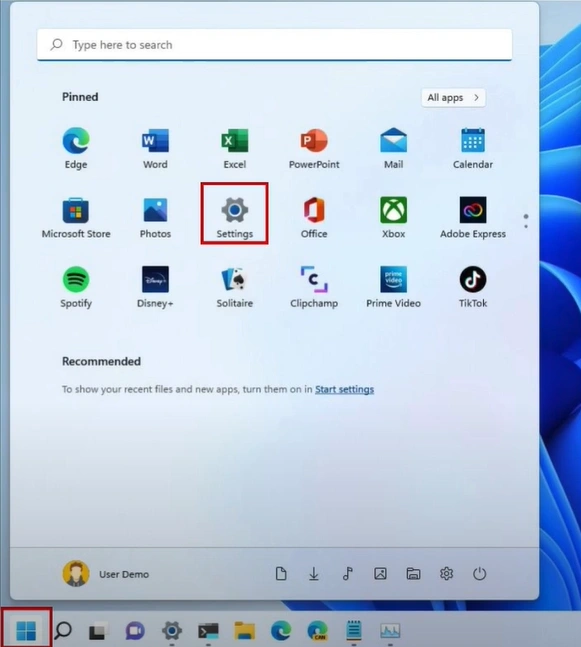 Click on the Windows start