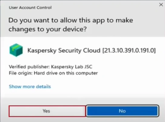 Select Yes in the User Account