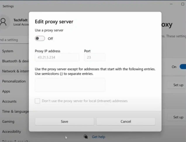 Disable Use a proxy server