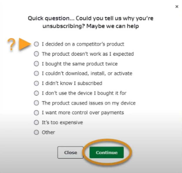 Select a reason to cancel AVG Automatic Renewal