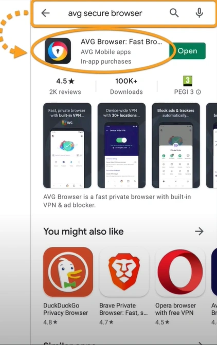 type AVG Secure Browser and select