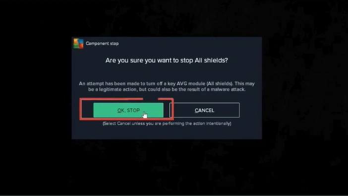 Click on OK Stop to disable
