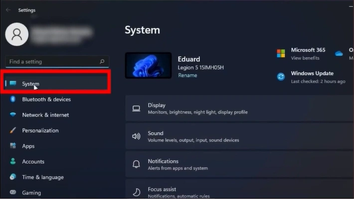 Click on the System option