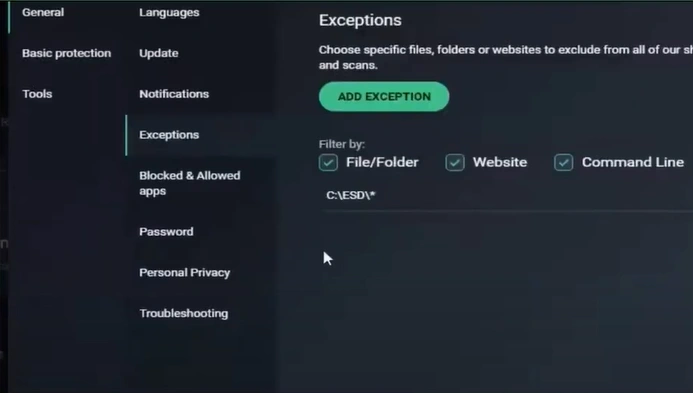 Click on Add Exception