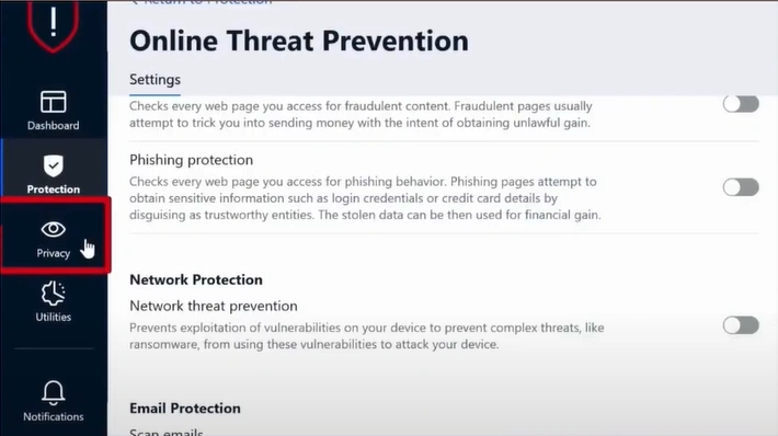 Open the Privacy tab from